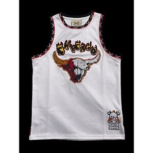 Brand X Chicago in Flames Bulls White Basketball Jersey Youth Medium